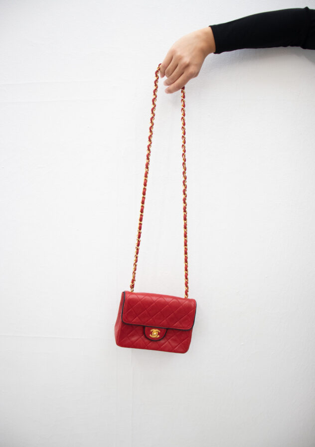 Chanel red Quilted Lambskin vintage mini square flap bag with dark blue lining - overview picture