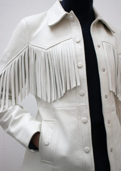 Ganni white leather jacket with fringes - close up