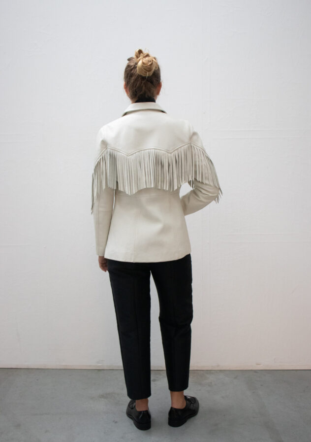 Ganni white leather jacket with fringes - back view