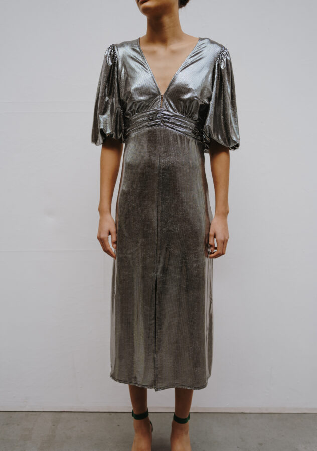 Notes du Nord - silver dress with puff 3/4 sleevs and open back - below the knee - size 36 - The Collectives Amsterdam - rent and buy secondhand and vintage designer clothes