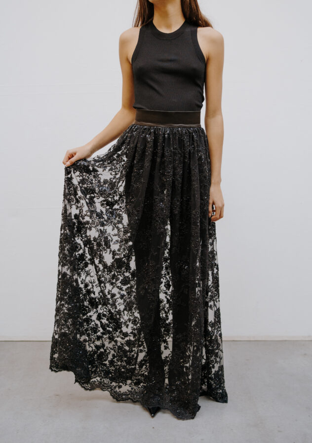 Monique Singh - long black lembroided lace skirt - size 36 - The Collectives Amsterdam - rent and buy secondhand and vintage designer clothes