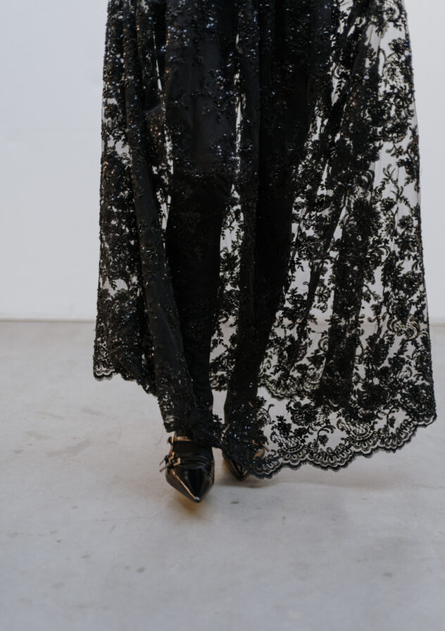 Monique Singh - long black lembroided lace skirt - size 36 - The Collectives Amsterdam - rent and buy secondhand and vintage designer clothes