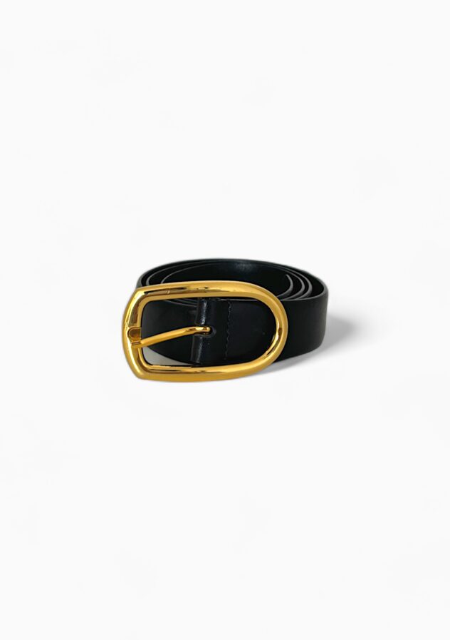 Zara Black Leather Belt with Bold Gold Buckle - Size 85 cm - The Collectives Amsterdam - rent and buy secondhand and vintage designer clothes