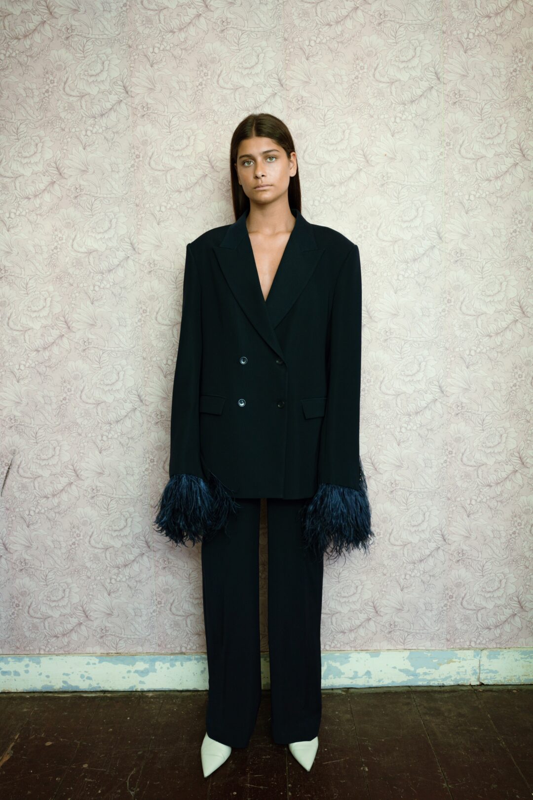 Set - Feathered Blazer and Pants - Blue