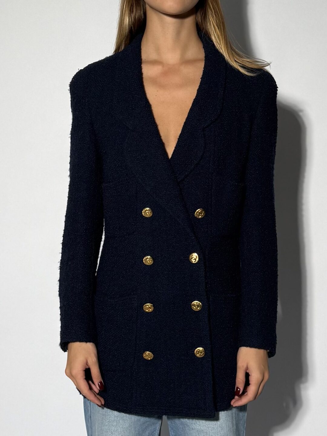 Navy Bouclé Double-Breasted Jacket