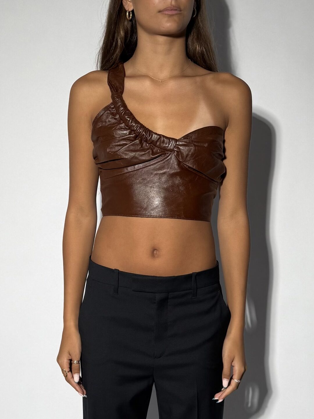 Brown Faux Leather Asymetric Halter Top