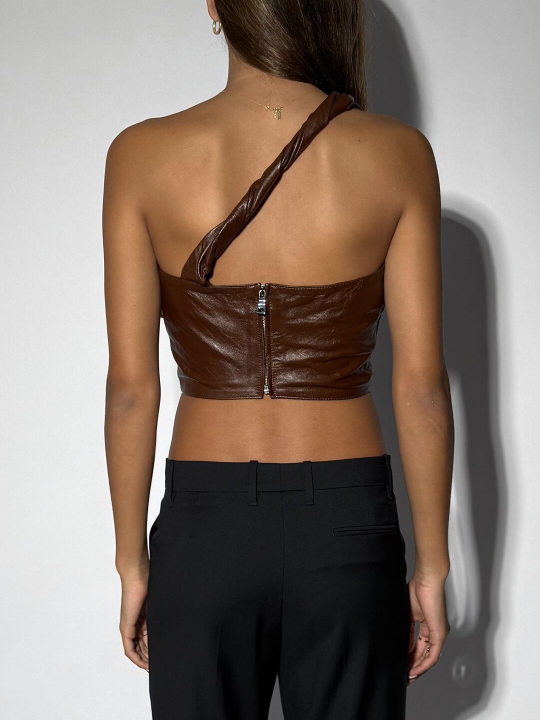 Brown Faux Leather Asymetric Halter Top - Image 3