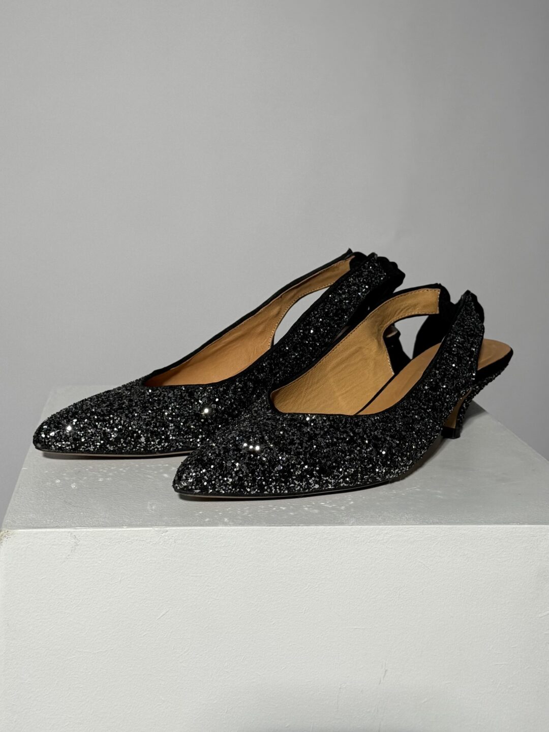 Black glitter tie-up kitten heels