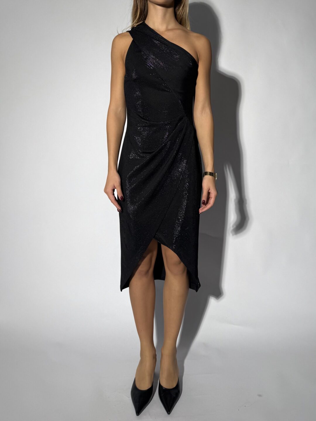 One sleeve midi sparkly dress with cutout