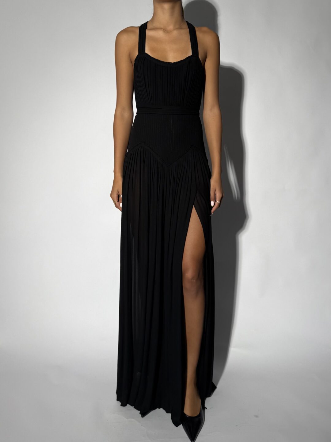 Long Gala dress with plissé fabric