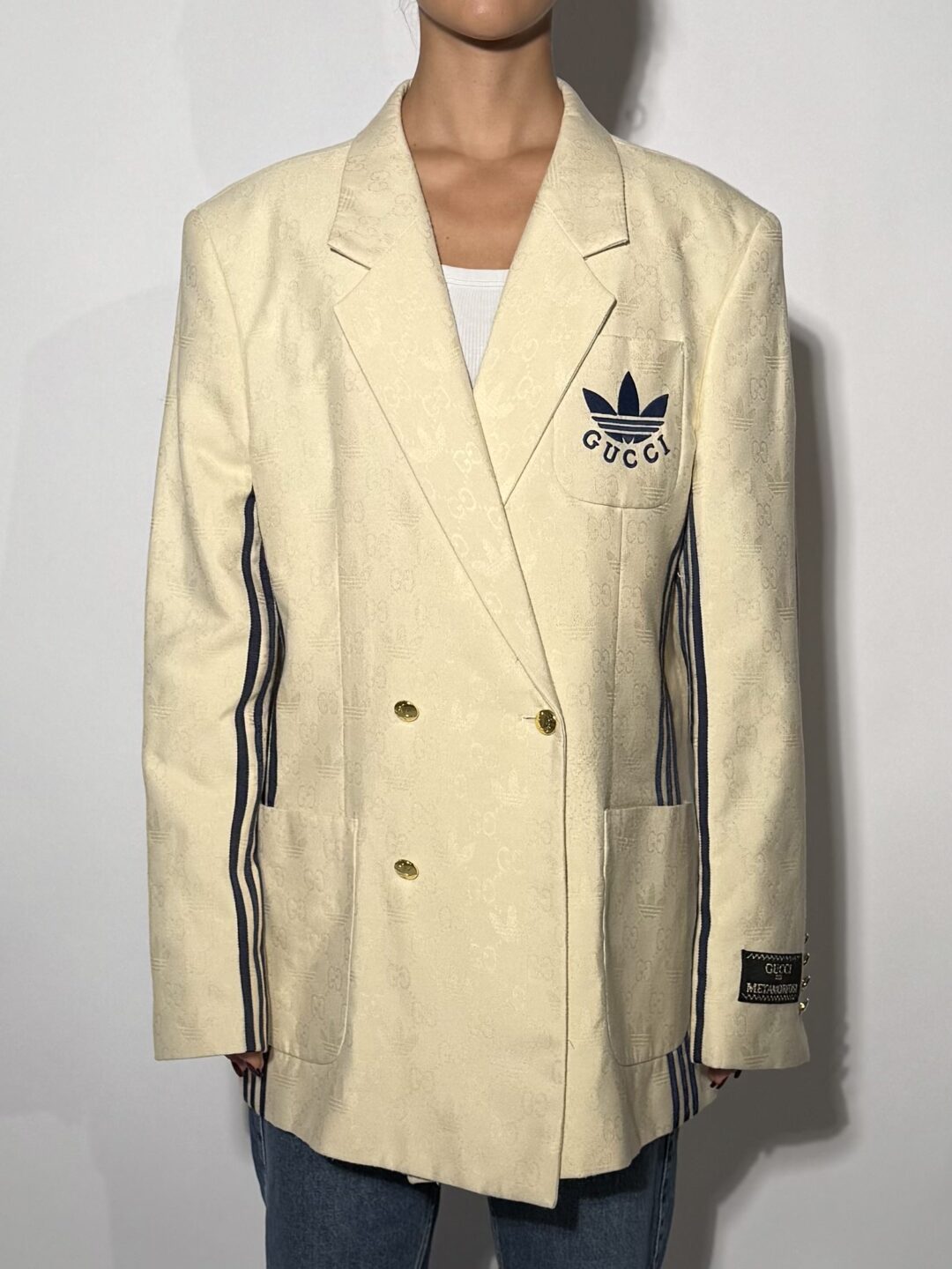 Oversized, striped, branded blazer, gold buttons